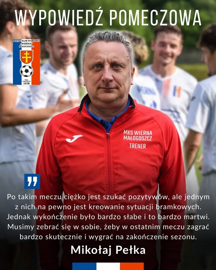 Wypowiedź trenera Mikołaja Pełki po niedzielnym spotkaniu z Victorią Skalbmierz 🗣⬇️ "Na